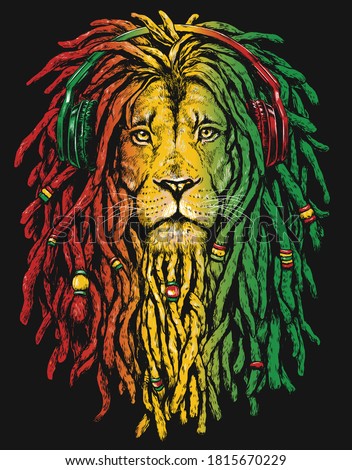 Pen and inked Rastafarian Lion digital illustration on black background. 