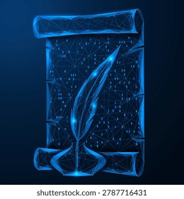 The pen is in the inkwell next to the scroll. The concept of knowledge preservation, digital education, creativity and information transfer. Polygonal design, blue background.