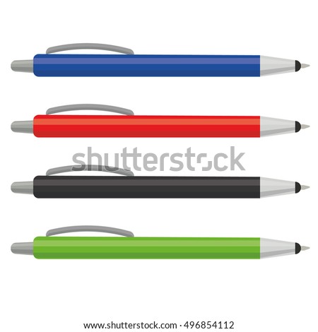 Pen isolated on white background. Blue, red, black and green pen.