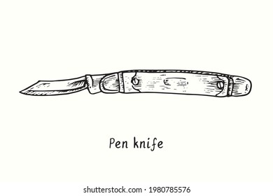 Pen knife type. Ink black and white drawing outline illustration