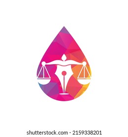 Lámina con forma de gol Modelo de diseño de logotipo vector. Vector del logo de la ley con equilibrio judicial. escala de la justicia en una pluma.