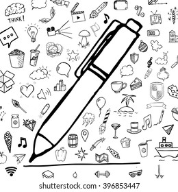 Pen and line with group of hand drawn icons, vector doodle objects on white background