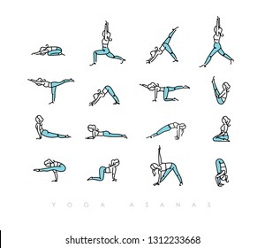 Pen line hand drawing girls in yoga asanas in light style drawing with color on white background