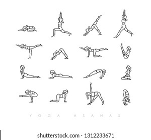 pen line hand drawing girls in yoga asanas in light style drawing with color on white background