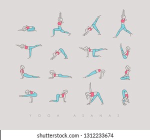 Pen line hand drawing girls in yoga asanas in light style drawing with color on beige background