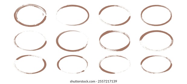 Pen line oval mocha mousse colour, round sketch doodle, pencil charcoal marker, brush ellipse scribble, circular grunge frame, outline paint bubble, text element, freehand ring. Vector illustration