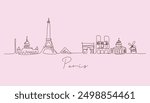 Pen line silhouette of Paris .Line art vector illustration.Iconic landmarks of Paris,including the Eiffel Tower, Cathedral and buildings