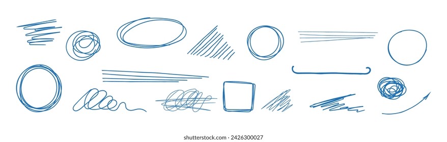 Pen, line strike through underlines set vector. Marker arrow, rectangle, line brush elements. Hand drawn scribble crayon.