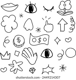 Pen liner doodle elements, crown, emphasis arrow, speech bubble, scribble. Handdrawn cute cartoon pencil sketches of decorative icons.