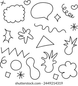 Pen liner doodle elements, crown, emphasis arrow, speech bubble, scribble. Handdrawn cute cartoon pencil sketches of decorative icons.