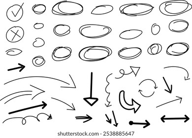 Pen liner doodle elements Handdrawn cute cartoon pencil sketches of decorative iconsketch line frames Doodle arrow, circle, oval and square shape 