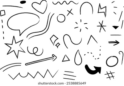Pen liner doodle elements Handdrawn cute cartoon pencil sketches of decorative iconsketch line frames Doodle arrow, circle, oval and square shape 