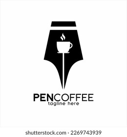 Pen logo design with a cup of coffee. Unique concept coffee cafe logo.