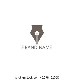 Plantilla de diseño del logotipo de la pluma combinada con el hogar, adecuada para imprentas, escritores, construcciones, bibliotecas y librerías