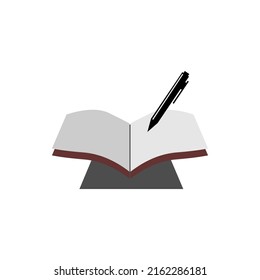 Pen logo writing in the papers on an open book. Notebook Icon Design