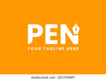 Pen logotype with orange background. Typography logo design with pen shape. Creative negative space logo. Flat and minimal logo design.