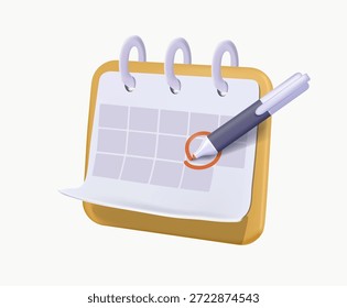 Calendario de marca de lápiz Ilustración vectorial de procesamiento 3D. Pen pone una marca de verificación en un calendario, aviso de fecha límite o icono de notificación de recordatorio de evento. Planificación de eventos, día importante, nota de símbolo de agenda