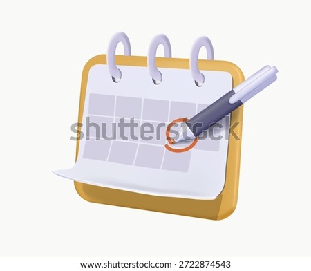 Pen mark calendar 3D render vector illustration. Pen puts a checkmark in a calendar, deadline notice or event reminder notification icon. Event planning, important day, agenda symbol note