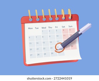 Marca de lápiz fecha de calendario Ilustración vectorial de procesamiento 3D. Pen pone una marca de verificación en un calendario, aviso de fecha límite o icono de notificación de recordatorio de evento. Planificación de eventos, día importante, nota de símbolo de agenda