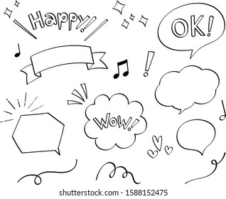 Pen marker hand drawn decoration set (speech balloon, phrase, ribbon)