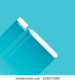 Pen or marker icon. Gray icon with long shadow in bottom left corner on blue background