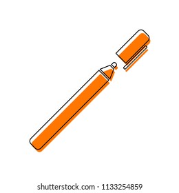 Pen or marker icon. Isolated icon consisting of black thin contour and orange moved filling on different layers. White background