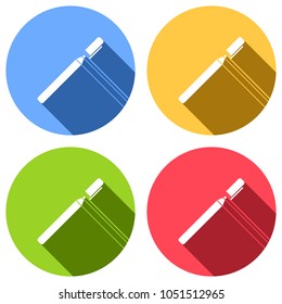 Pen or marker icon. Set of white icons with long shadow on blue, orange, green and red colored circles. Sticker style