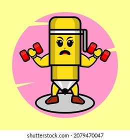 pen mascot cartoon is fitness with dumbbell and cute style design for t-shirt, sticker, logo element