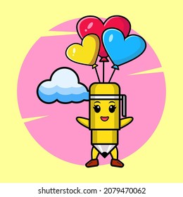 Pen mascot cartoon is skydiving with balloon and happy gesture cute style design for t-shirt, sticker, logo element