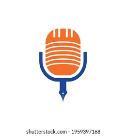 Pen microphone conference podcast radio logo design. Education podcast vector logo design.