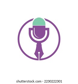 Pen microphone conference podcast radio logo design. Education podcast vector logo design.