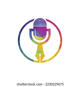 Pen microphone conference podcast radio logo design. Education podcast vector logo design.