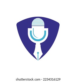 Pen microphone conference podcast radio logo design. Education podcast vector logo design.