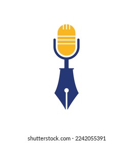 Pen microphone conference podcast radio logo design. Education podcast vector logo design.