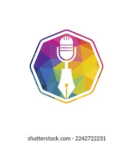 Pen microphone conference podcast radio logo design. Education podcast vector logo design.
