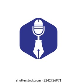 Pen microphone conference podcast radio logo design. Education podcast vector logo design.