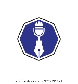 Pen microphone conference podcast radio logo design. Education podcast vector logo design.