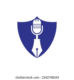 Pen microphone conference podcast radio logo design. Education podcast vector logo design.