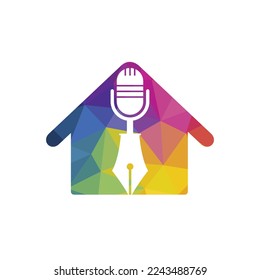 Pen microphone conference podcast radio logo design. Education podcast vector logo design.
