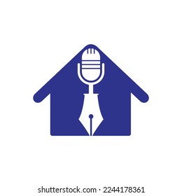 Pen microphone conference podcast radio logo design. Education podcast vector logo design.