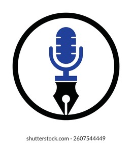 Pen microphone conference podcast radio logo design. Education podcast vector logo design.