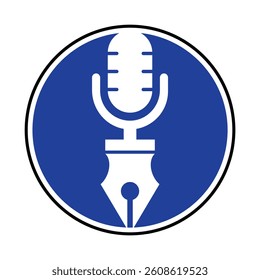 Pen microphone conference podcast radio logo design. Education podcast vector logo design.