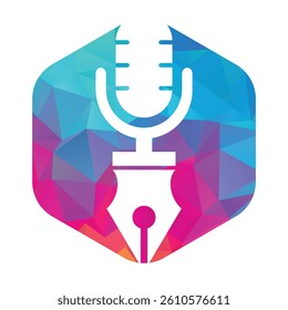 Pen microphone conference podcast radio logo design. Education podcast vector logo design.