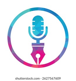 Pen microphone conference podcast radio logo design. Education podcast vector logo design.