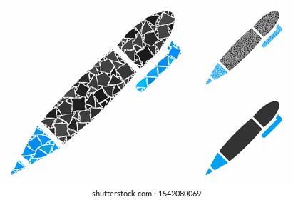Pen mosaic of raggy parts in variable sizes and shades, based on pen icon. Vector raggy parts are united into composition. Pen icons collage with dotted pattern.