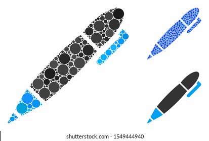 Pen mosaic of round dots in variable sizes and color hues, based on pen icon. Vector round dots are combined into blue mosaic. Dotted pen icon in usual and blue versions.