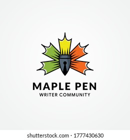Pen nib and maple leaf logo vector. Education and writer community Logo. Institutional and educational vector logo design. flat color