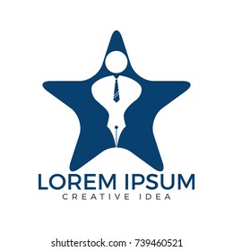 Pen nib or pen tip with a man head and star logo vector. Education Logo. Institutional and educational vector logo design.