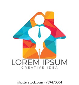Pen nib or pen tip with a man head and house logo vector. Education Logo. Institutional and educational vector logo design.