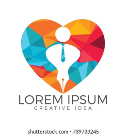 Pen nib or pen tip with a man heart and house logo vector. Education Logo. Institutional and educational vector logo design.